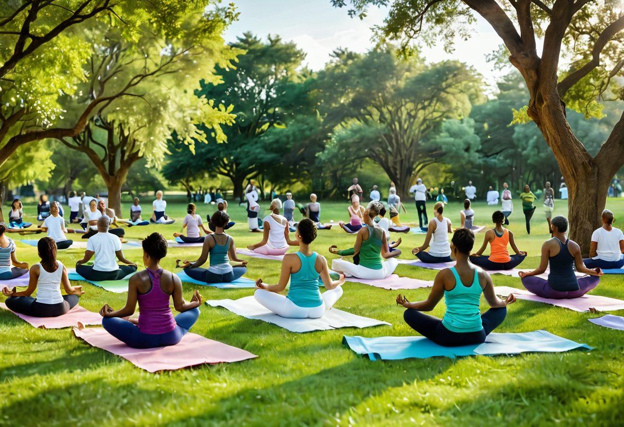 A diverse group of people engaging in healthy activities like yoga and cooking healthy meals in a serene park setting, with an overlay of cancer awareness symbols such as ribbons and green colors representing hope and healing. The scene should evoke a sense of community and empowerment, emphasizing holistic health with nature in the backdrop. vibrant colors. super-realistic.
