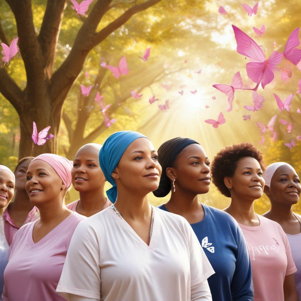 An inspiring scene featuring a diverse group of cancer survivors standing proudly together, with symbols of hope like butterflies and ribbons in the background. Include soft sunlight filtering through trees, creating a warm atmosphere. Incorporate elements representing various cancer types, with individuals sharing their personal stories through speech bubbles. Illustrate a sense of community and empowerment. vibrant colors. super-realistic.