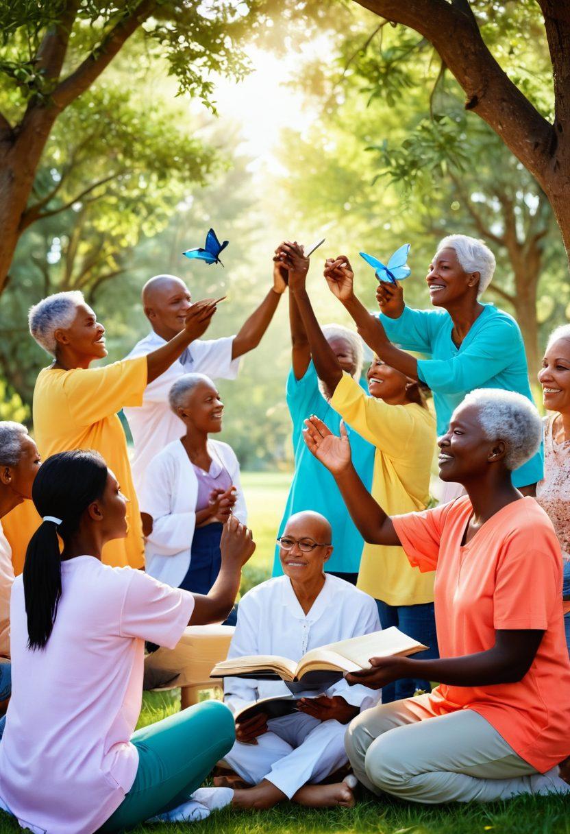 A warm and nurturing scene depicting a diverse group of cancer patients and survivors in a supportive circle, sharing resources like books and guides. Include symbols of hope such as butterflies, glowing hearts, and hands raised together in solidarity. The background should be a serene park setting with gentle sunlight filtering through trees, conveying a sense of peace and resilience. super-realistic. vibrant colors. soft focus.